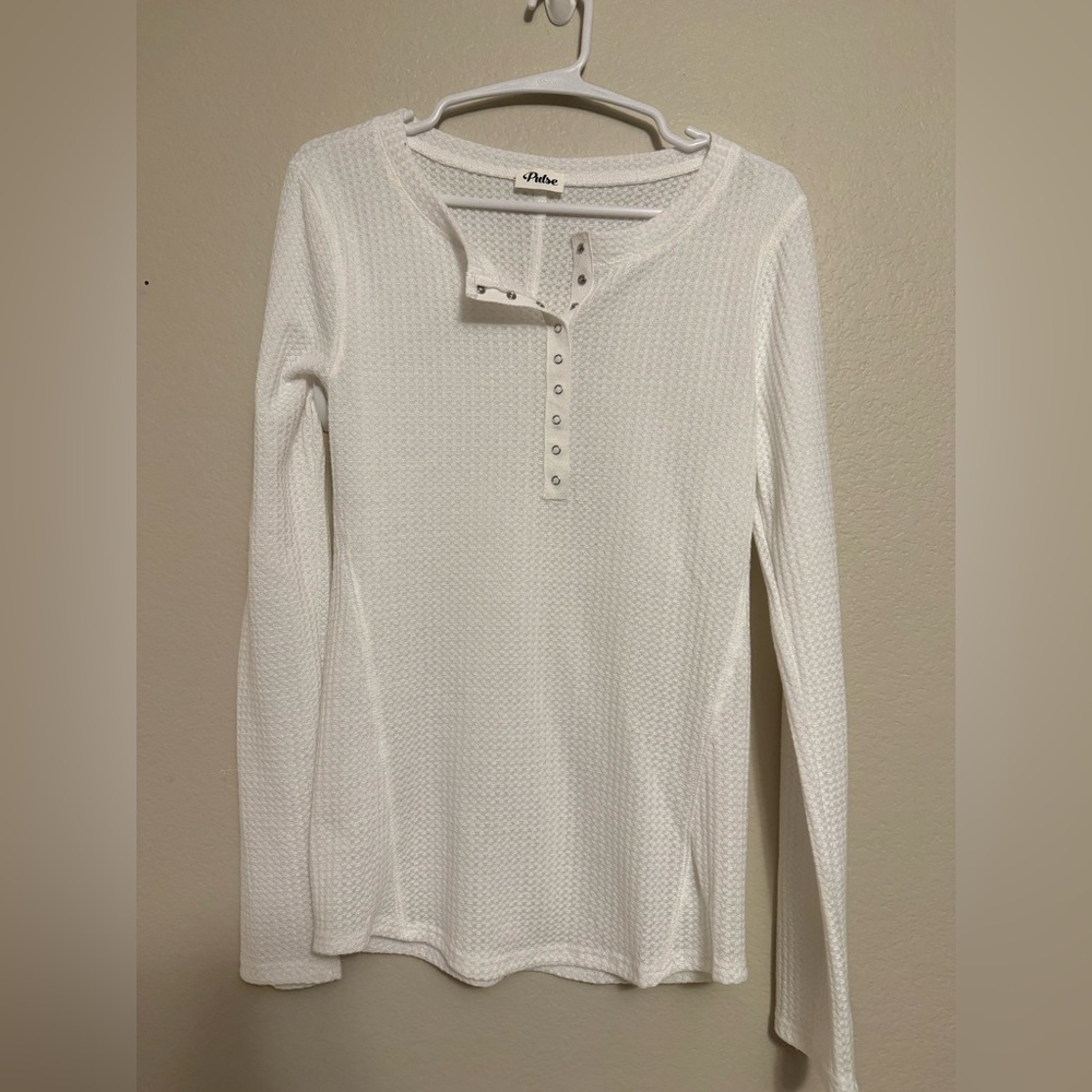 White Waffle-Knit Henley Long Sleeve Top